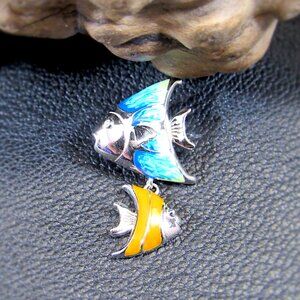 Solid 925 Sterling Silver and Enamel Pair of Fish Double Fishes Slide Pendant